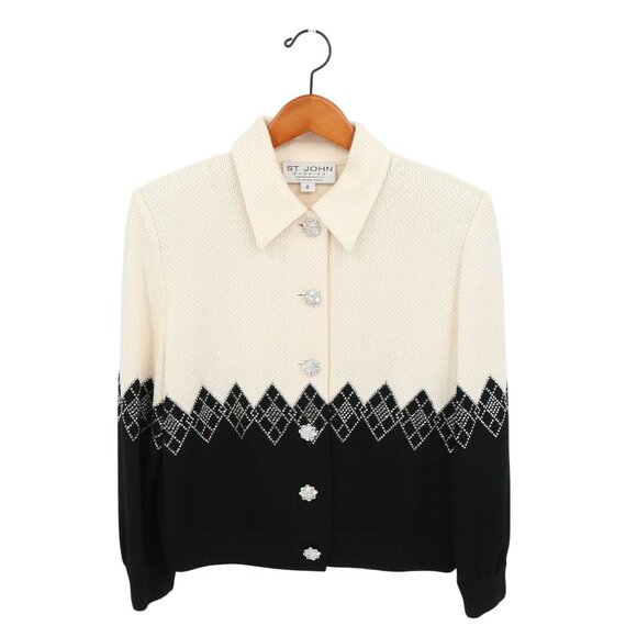 St. John Evening Black Ivory Paillette & Crystal Embellished Knit Jacket 6 - Picture 1 of 10